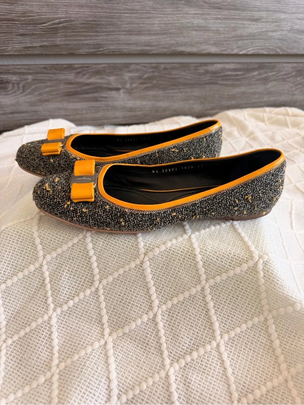 Salvatore Ferragamo Black and Mustard Tweed Vara Bow Flats